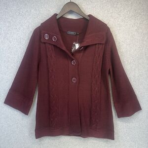 Effeci Womens Sweater Cardigan Medium Maroon Cable Knit Button Wide CollarNWT